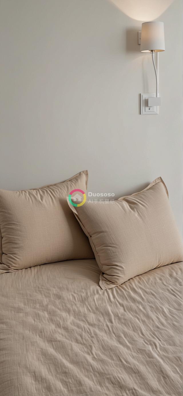 极简主义风格卧室照：米色床品与墙面纹理的精致呈现