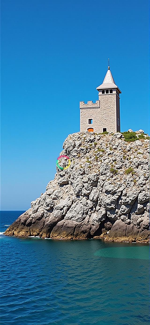 孤石塔耸立悬崖之上：俯瞰宁静水域的古朴壮丽风光