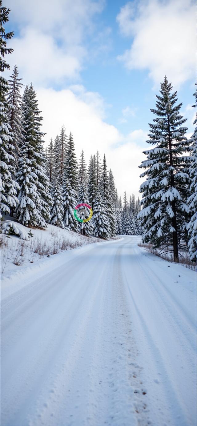 宁静冬日雪景之路：雪覆盖松林与洁白小径的摄影