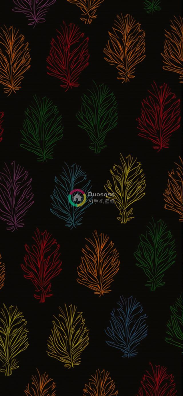 黑色背景上彩绘风格雨后彩虹蕨类叶脉图案设计