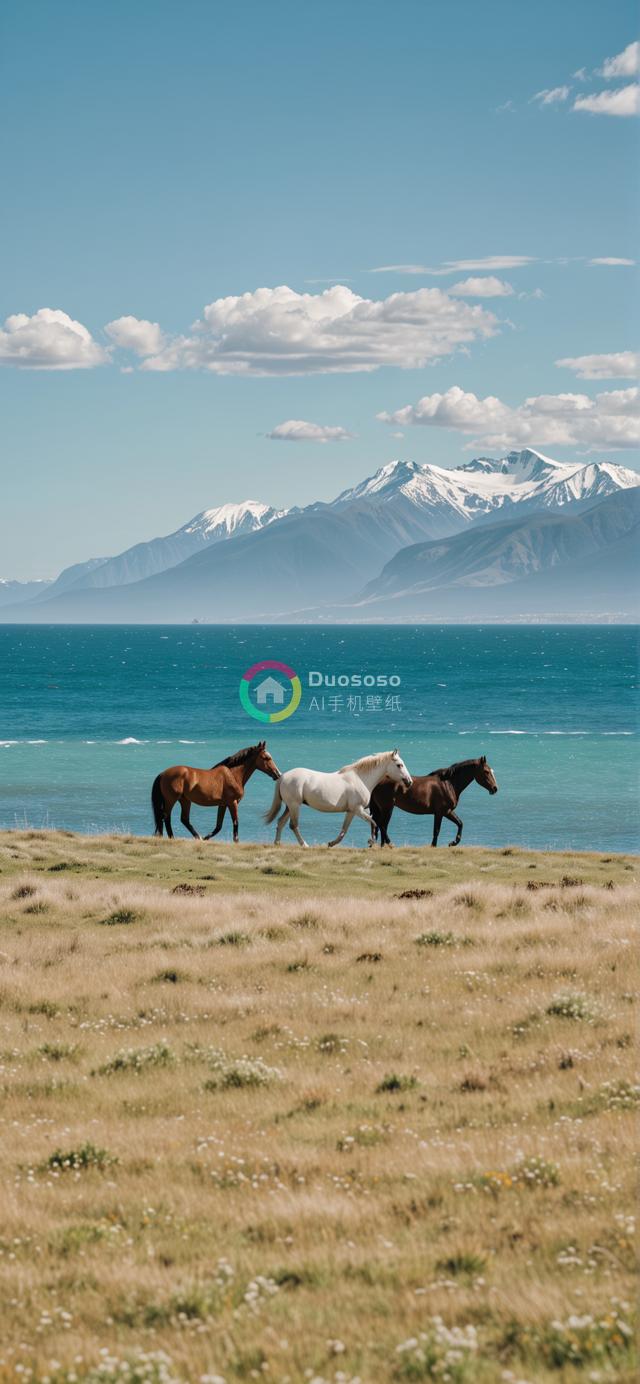海边草场四马并行：野生骏马在壮丽自然风光中的宁静与自由
