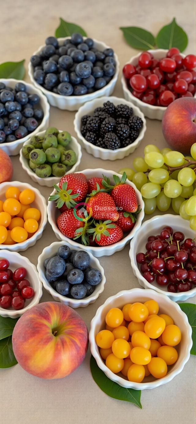 “多彩鲜果盛宴：各式水果白瓷碗中盛放，展现季节丰收的丰富色彩与质感”