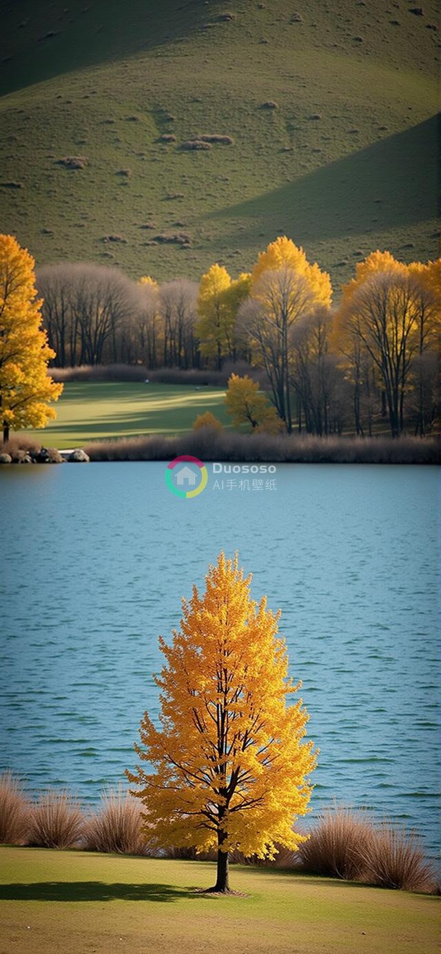 金秋独株白杨树湖畔映画：金黄叶色与远山碧空交织的宁静 depth 

（考虑到搜索引擎优化和吸引力，我稍微调整了一下标题，使之包含了视觉美感、季节特色和画面深度元素。）