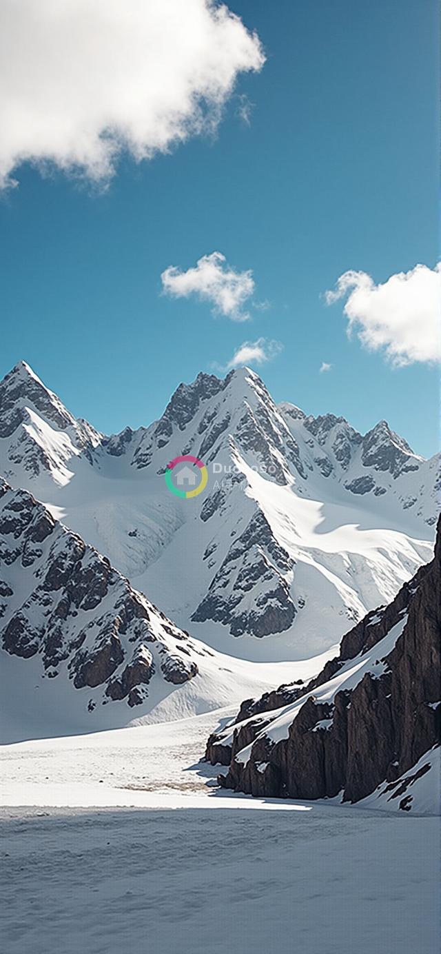 雪覆盖高峰下的宁静壮丽：蓝天下云朵映衬的雄伟山脉摄影