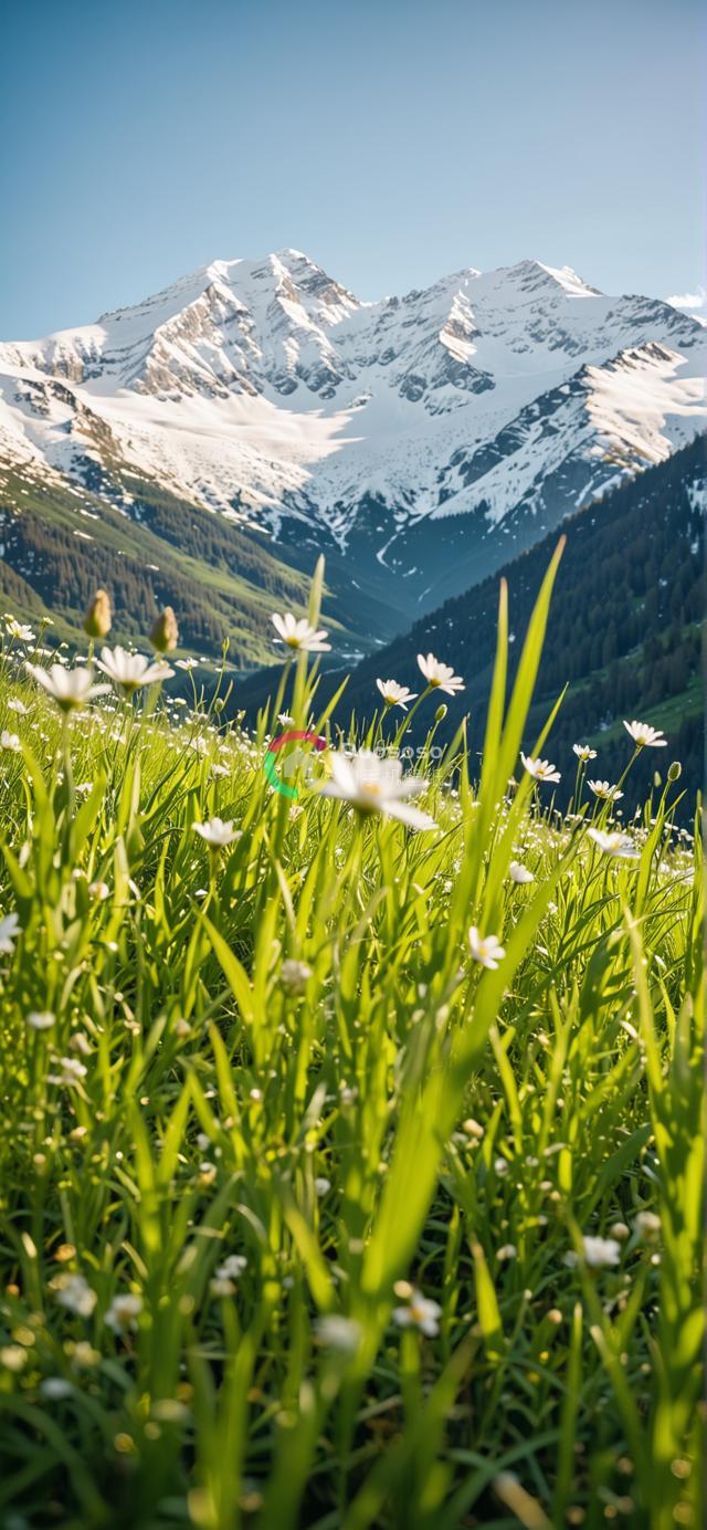 雪山草甸生机盎然：绿草白花映衬壮丽雪峰美景