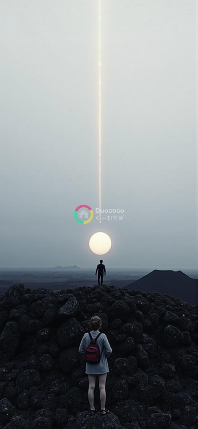 两人凝望奇境日落：神秘光束贯穿阴霾