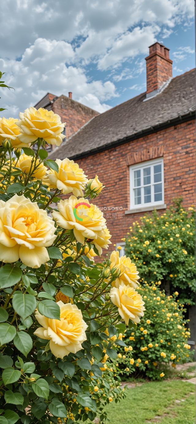 盛夏黄玫瑰掩映下的石板屋顶砖房摄影
