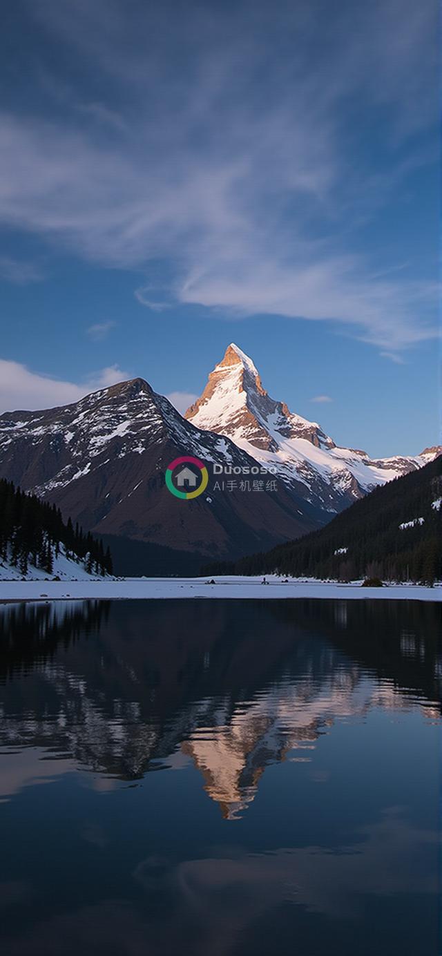 雪峰倒映宁静湖面的壮丽风光摄影