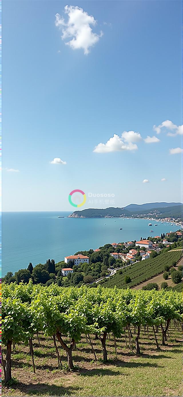 “海岸小镇与翠绿葡萄园共绘宁静海景画卷”