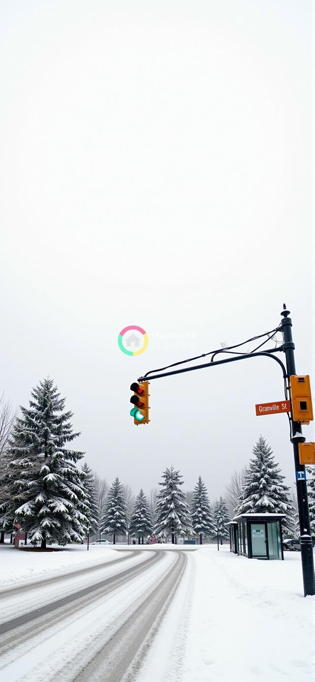 俯瞰Granville街雪景：静谧冬日里的林立常青树与空旷街道