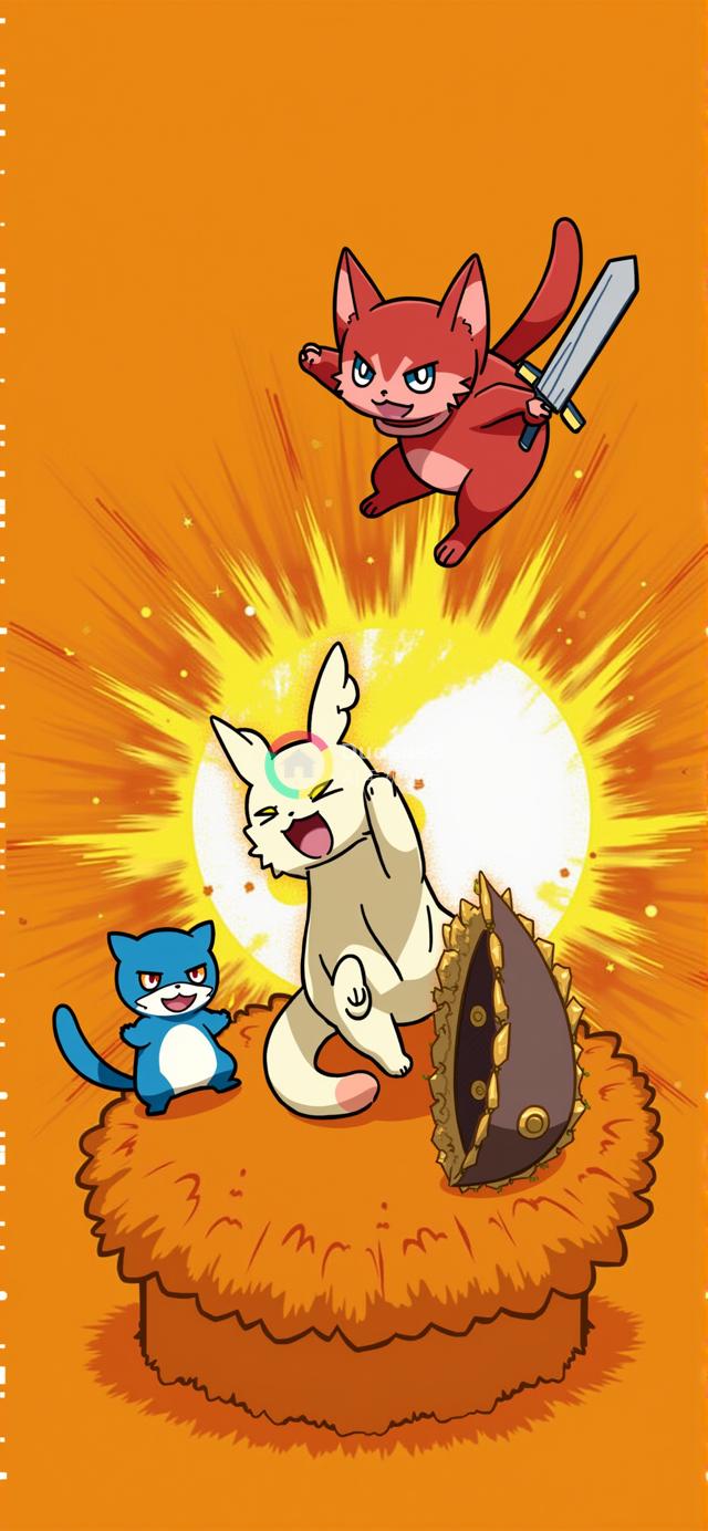 活力四射的三卡通猫动态场景渲染图：橙色背景下的趣味互动