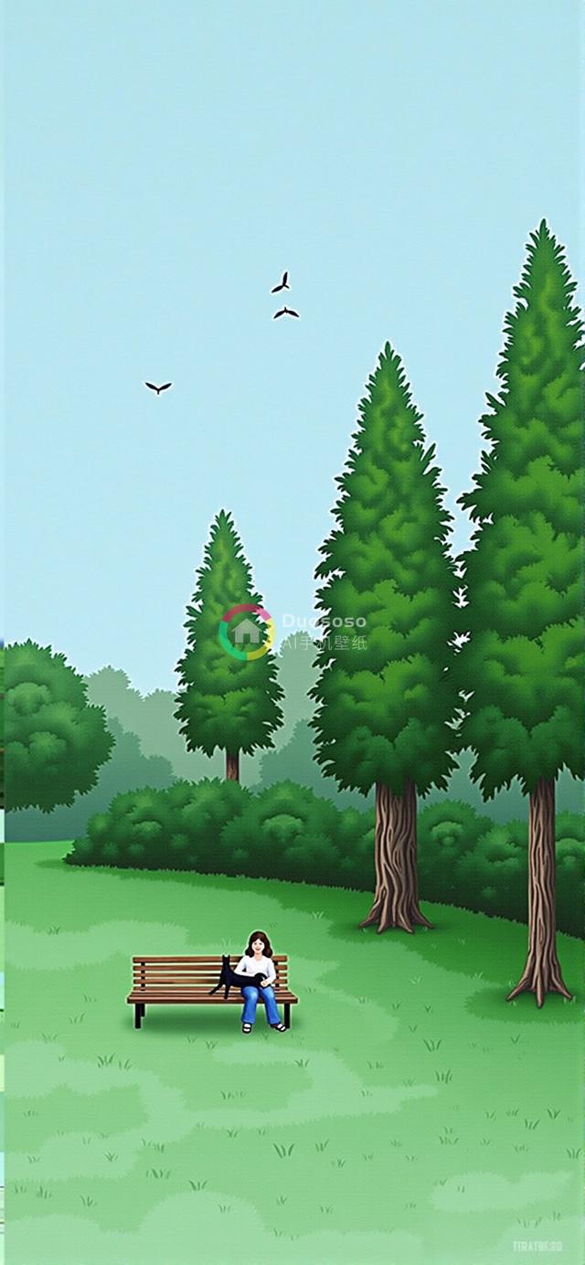 宁静公园景色插画：长发女子与黑猫树下憩息