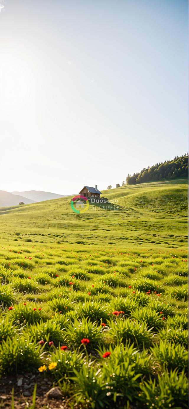 “宁静乡村风光：午后斜阳下的孤峰木屋”