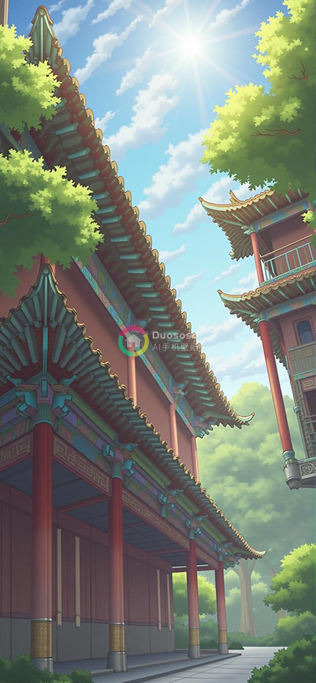 阳光下的华丽传统中式建筑：红绿金彩绘与绿树掩映