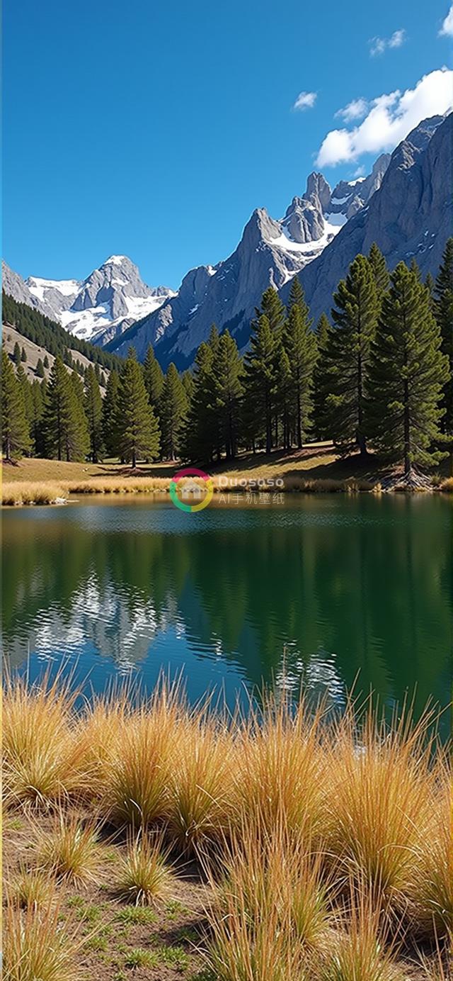 宁静山景：雪峰倒映湖光，蓝天白云下的金秋草甸