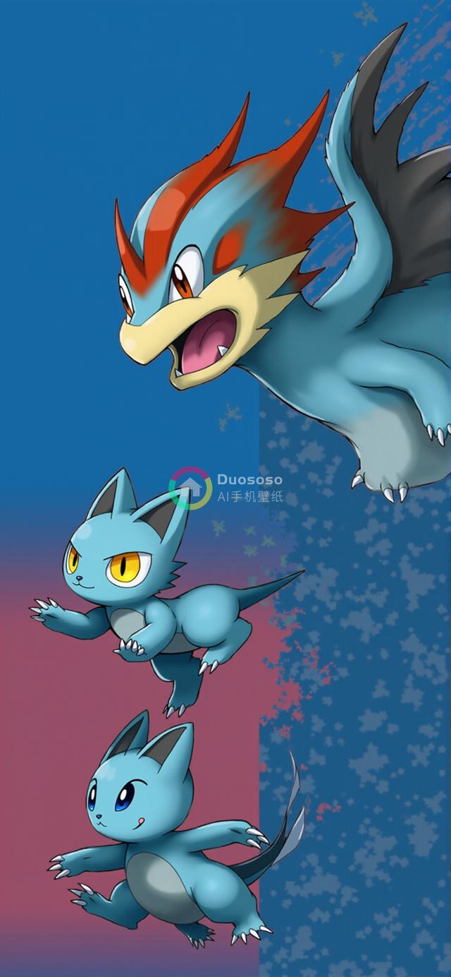 蓝色橙色烈空坐飞越，两蓝影妖狐奔跑：宝可梦角色描绘的漫画风格画面