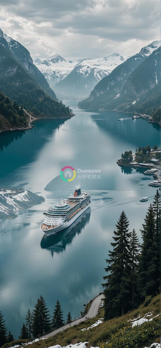 挪威冰川峡湾中巨轮穿行的壮丽风光