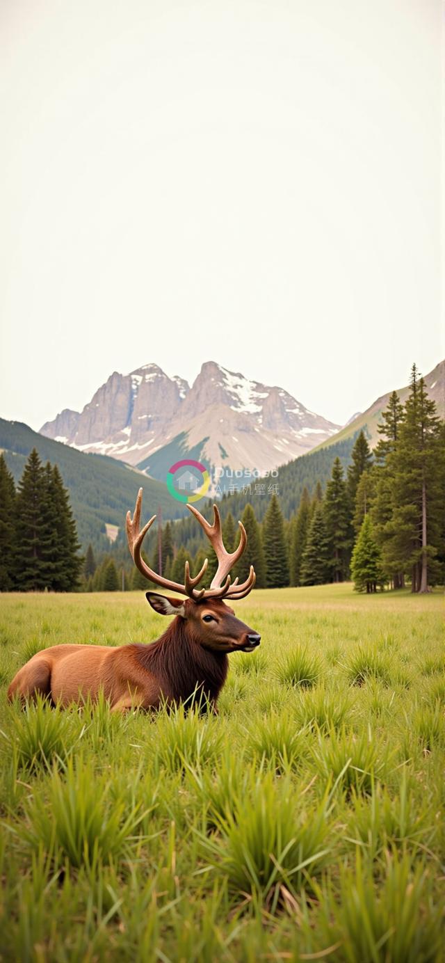 草地雄鹿休憩：巨角棕毛与雪峰蓝调的静谧画面