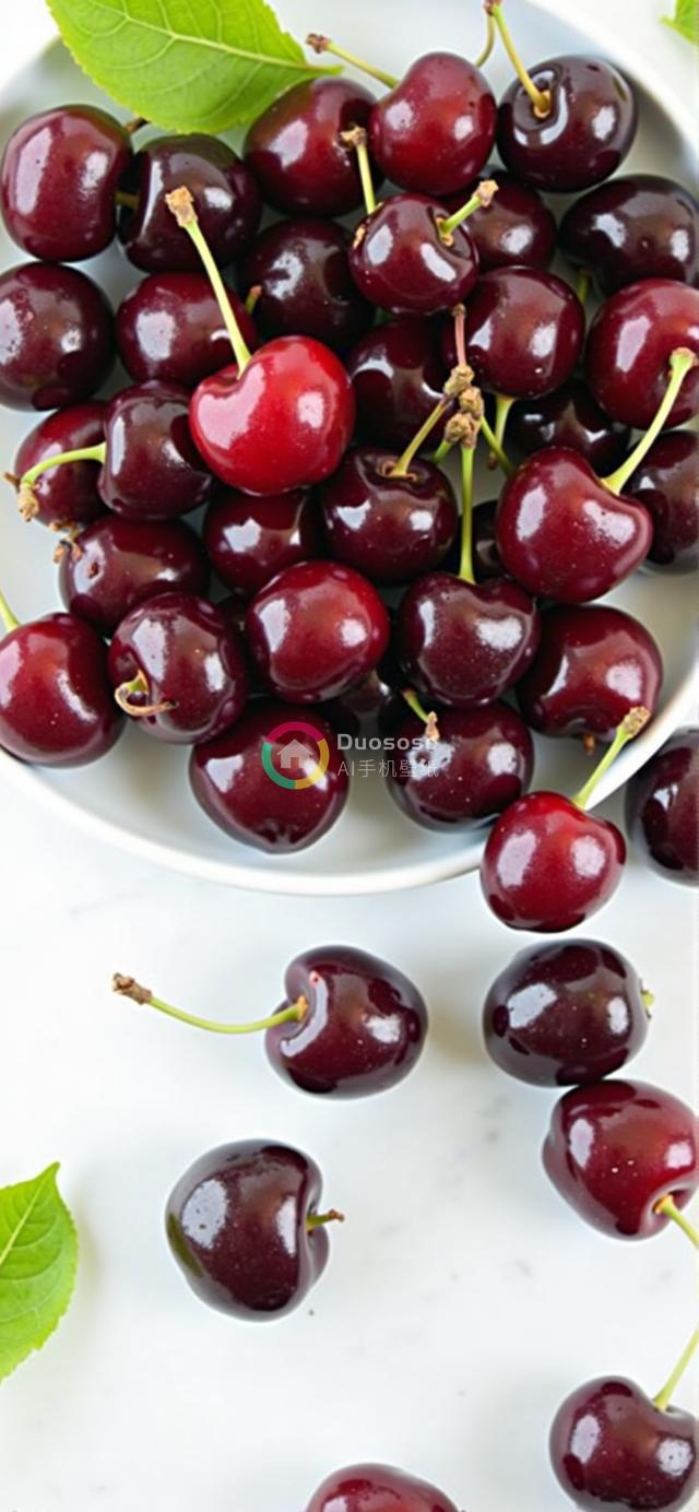 满溢深红樱桃的白瓷碗明亮摄影