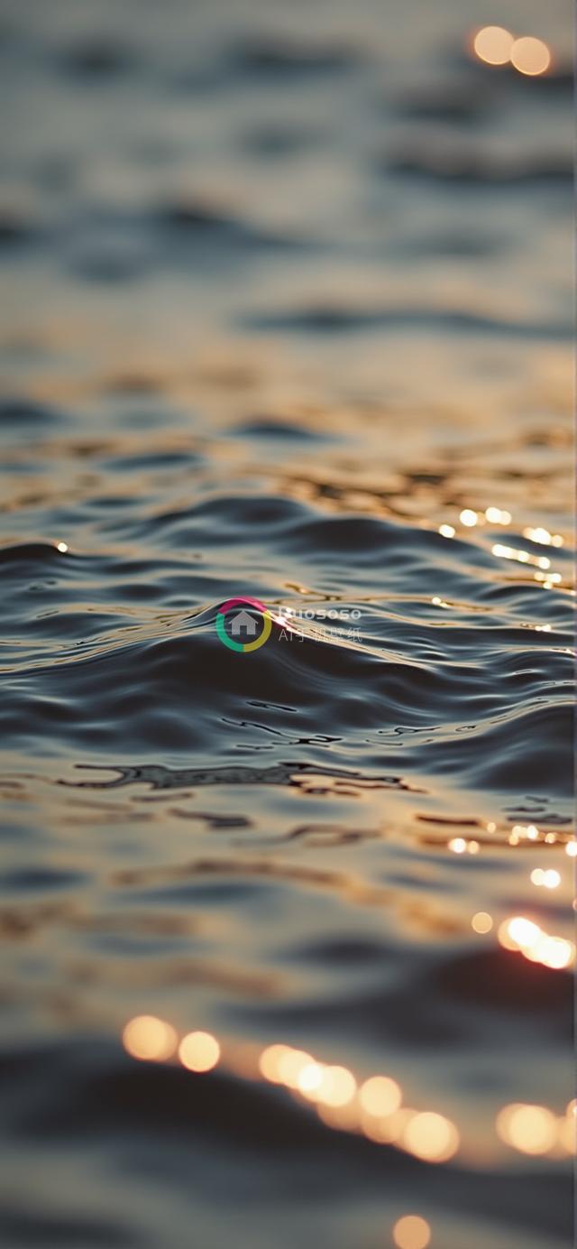 宁静光影：夕阳下深蓝灰水波的梦幻交错