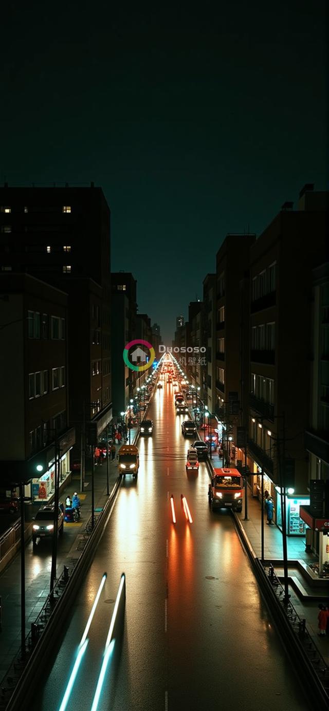 夜幕下高空俯瞰繁忙都市街道：光影流动展现都市活力