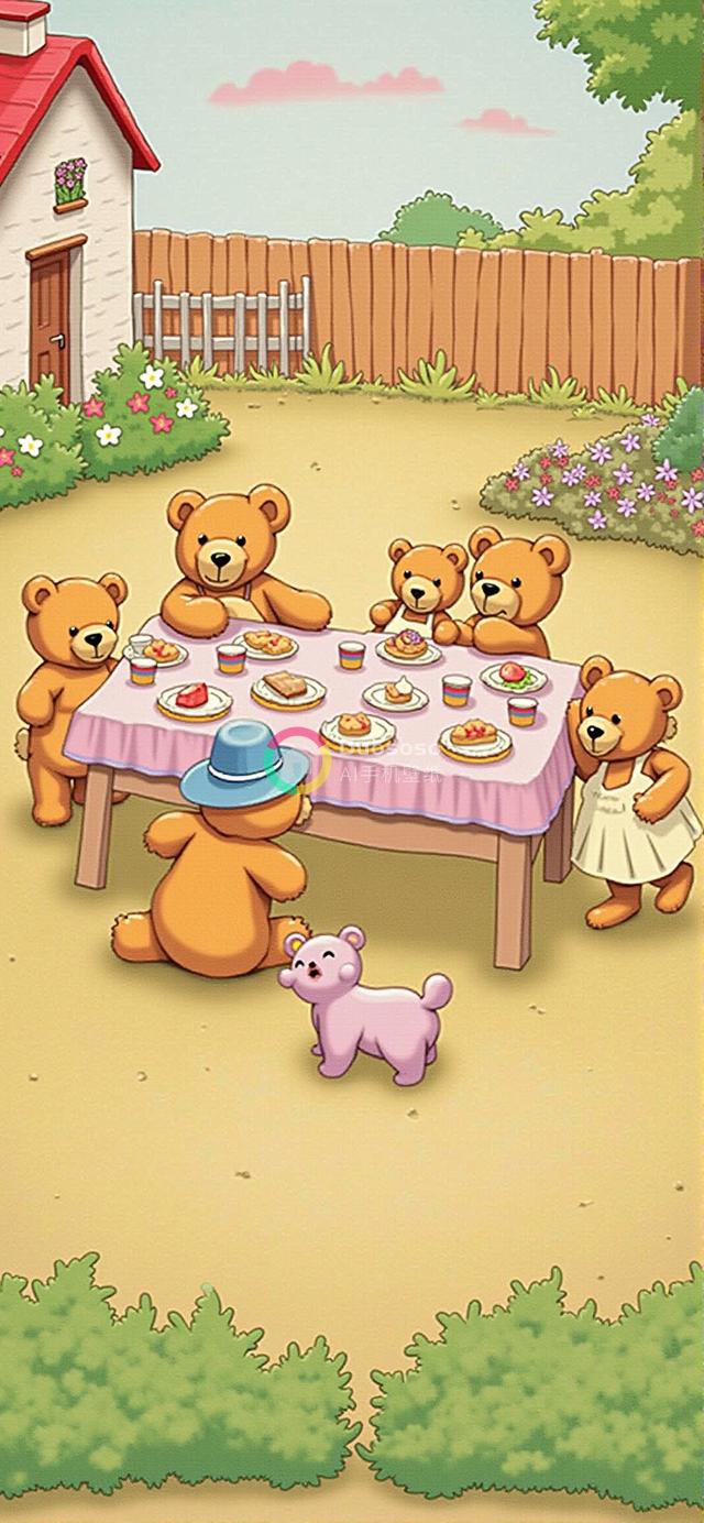 阳光明媚户外茶会：七只人偶泰迪熊欢乐互动