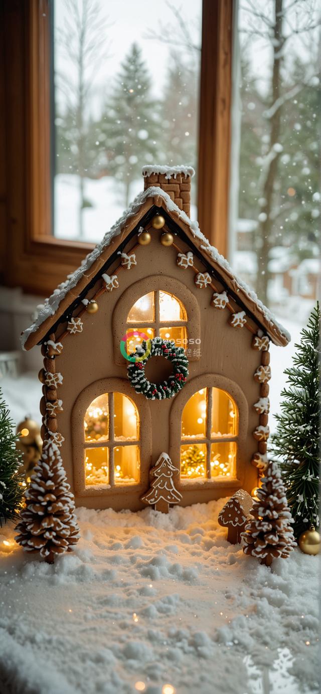 温馨灯饰映照下的姜饼屋雪景摄影