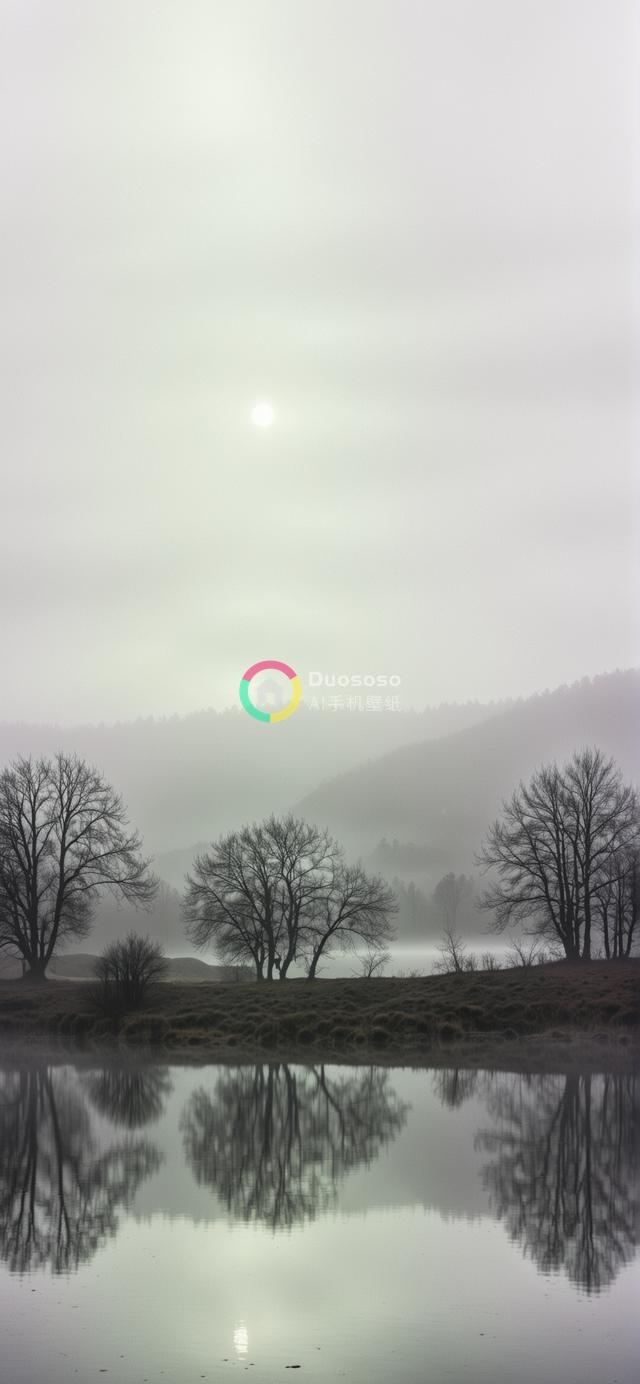 宁静雾霭中河岸裸树倒影的低角度晨景摄影