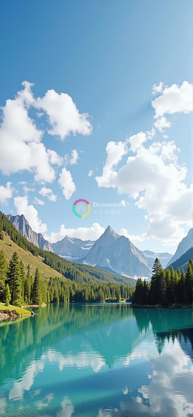 晴天下的高山湖泊：翠绿山林映衬湛蓝天空的宁静美景