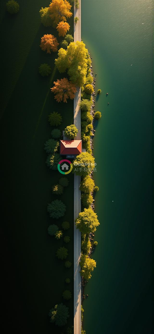 俯瞰绿地狭长半岛与暗绿水体的鲜明对比摄影