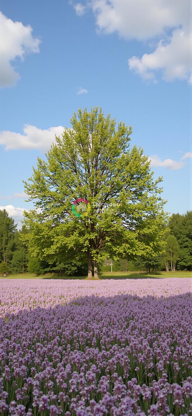 春意盎然：孤树紫花海映蓝天的宁静风光