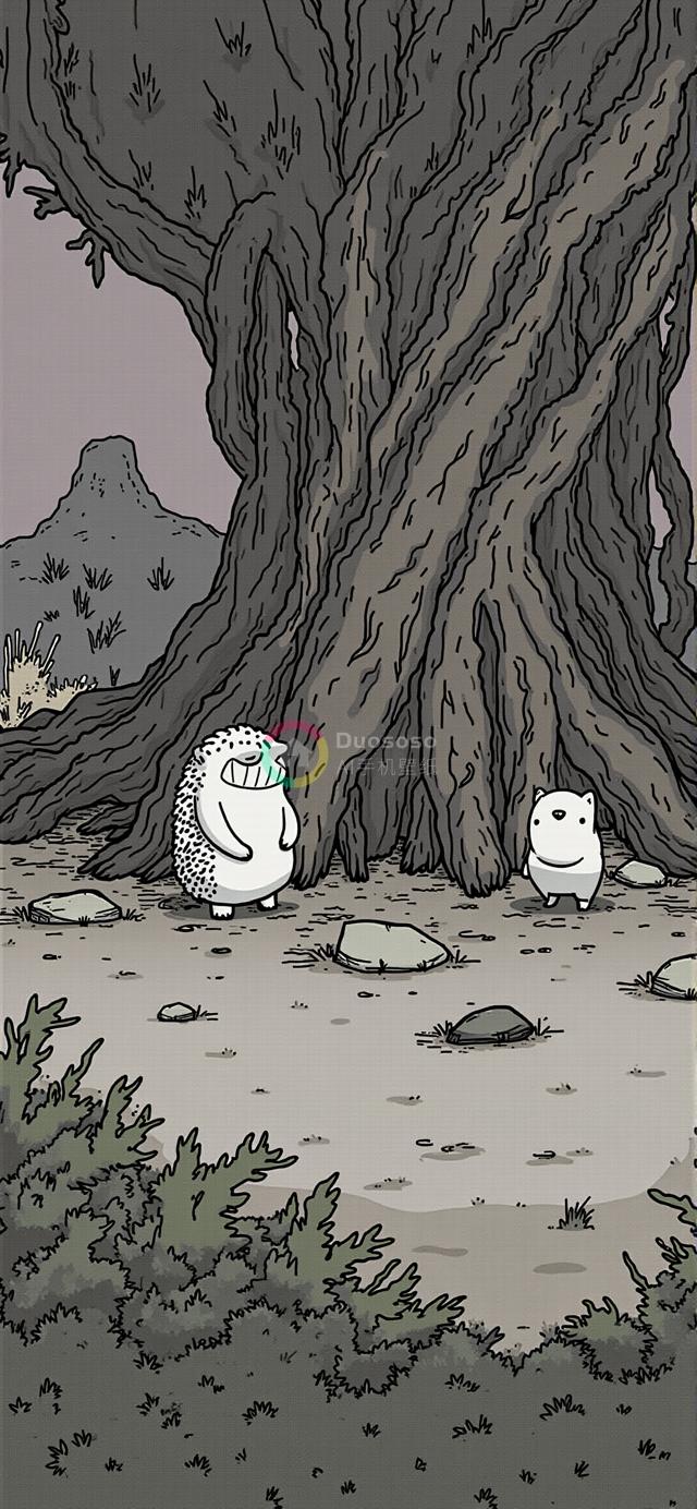 灰绿简约风格卡通插画：双动物与扭曲巨树的生命诗篇