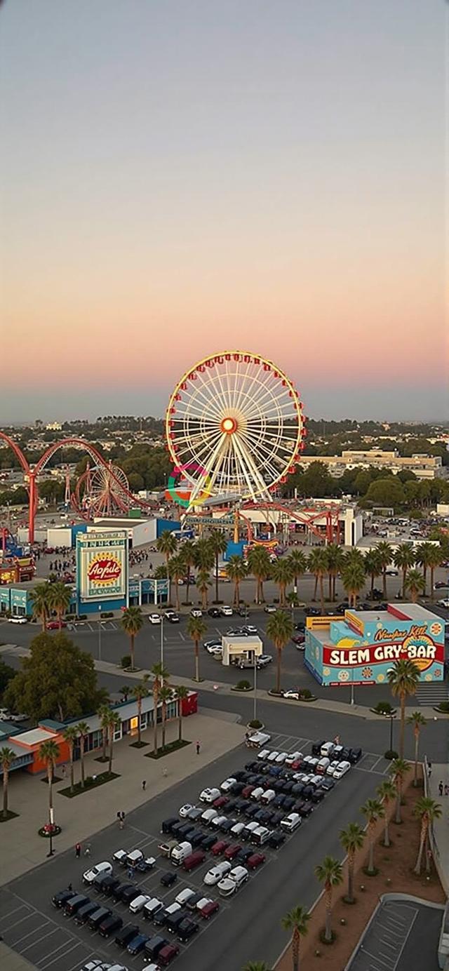 高空俯瞰游乐场：金色夕阳下的繁华景致与清晰细节