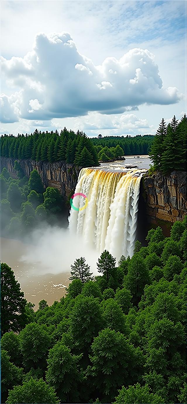 绿林绝壁飞瀑图：垂直构图下的壮丽瀑布与翠绿森林美景