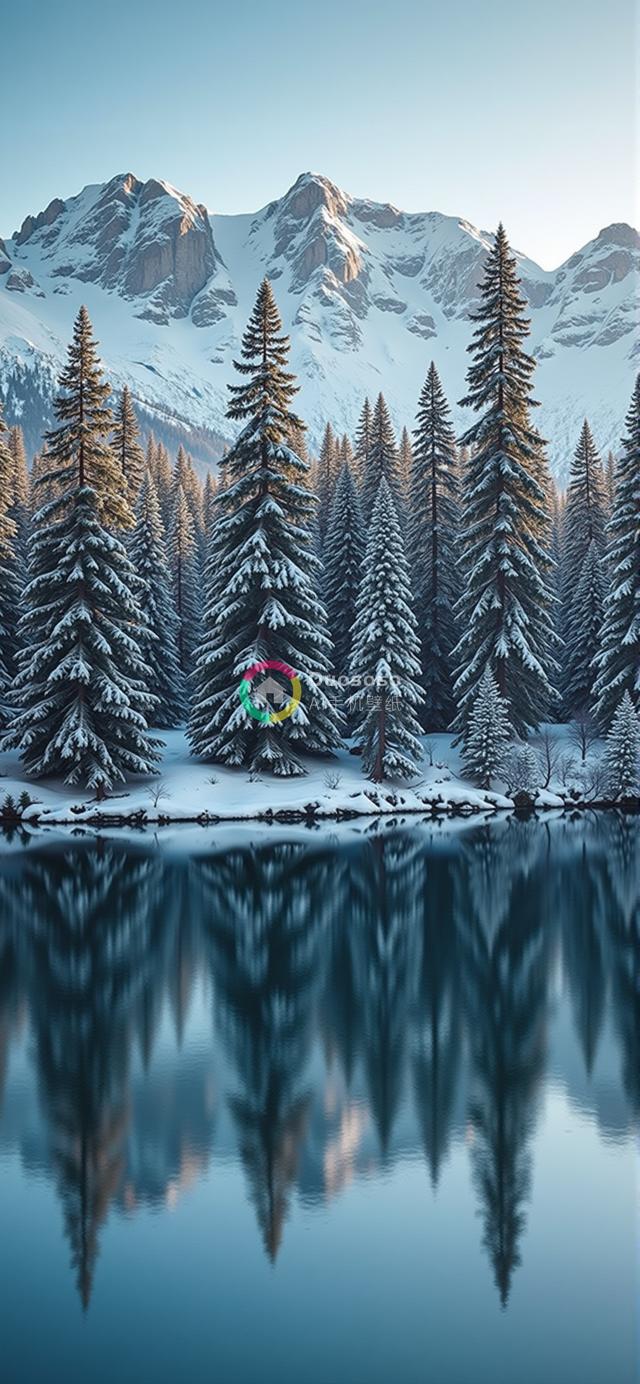 冬日宁静雪峰湖光镜：壮丽山川与静谧森林的绝美倒影