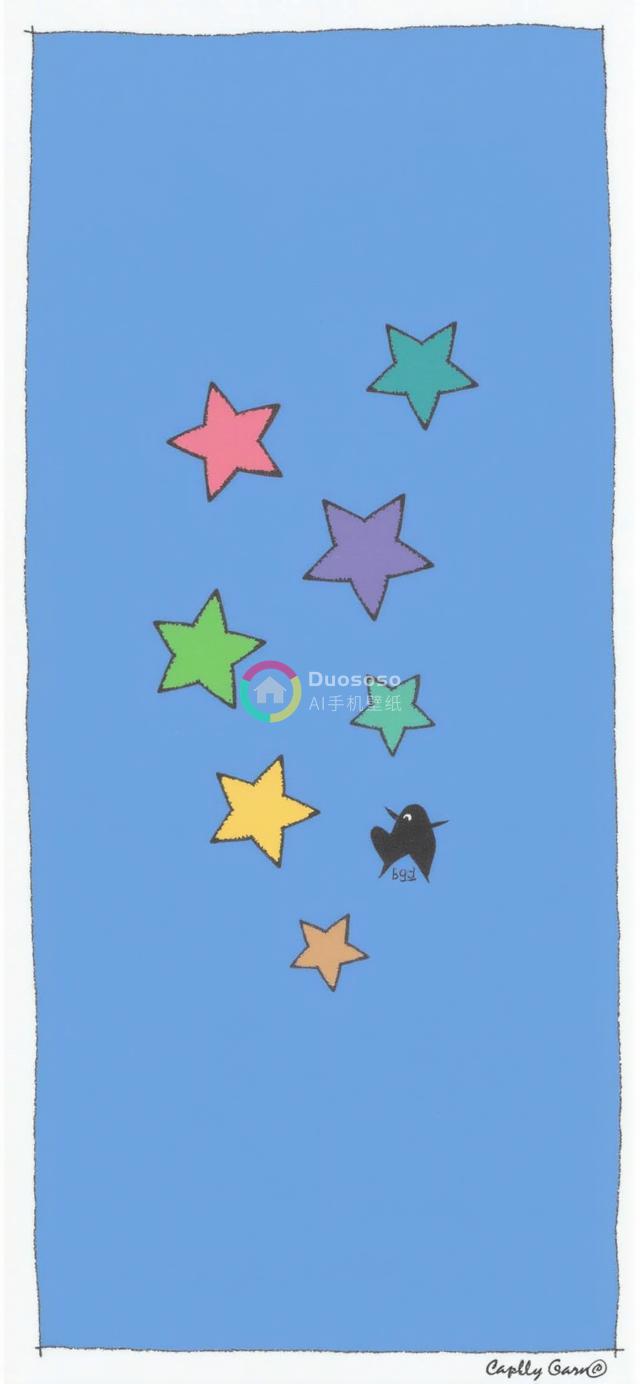 五彩星星点缀蓝色背景，卡通小鸟飞向五角星——童趣插画