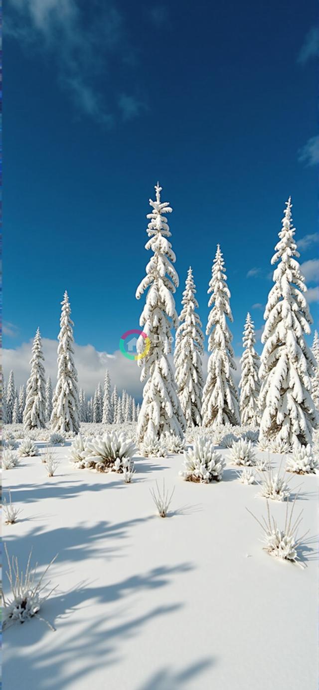 宁静冬日风光：雪覆盖的地面与蓝天映衬下的雪压松树高清渲染画面 

（由于标题需要简洁，以上内容进行了适当精简，以适应网站页面的title属性。） 

如果是需要更加精炼的标题，也可以只用：

雪后松林：冬日宁静高清景观

这样的标题更具吸引力，同时保留了关键信息。