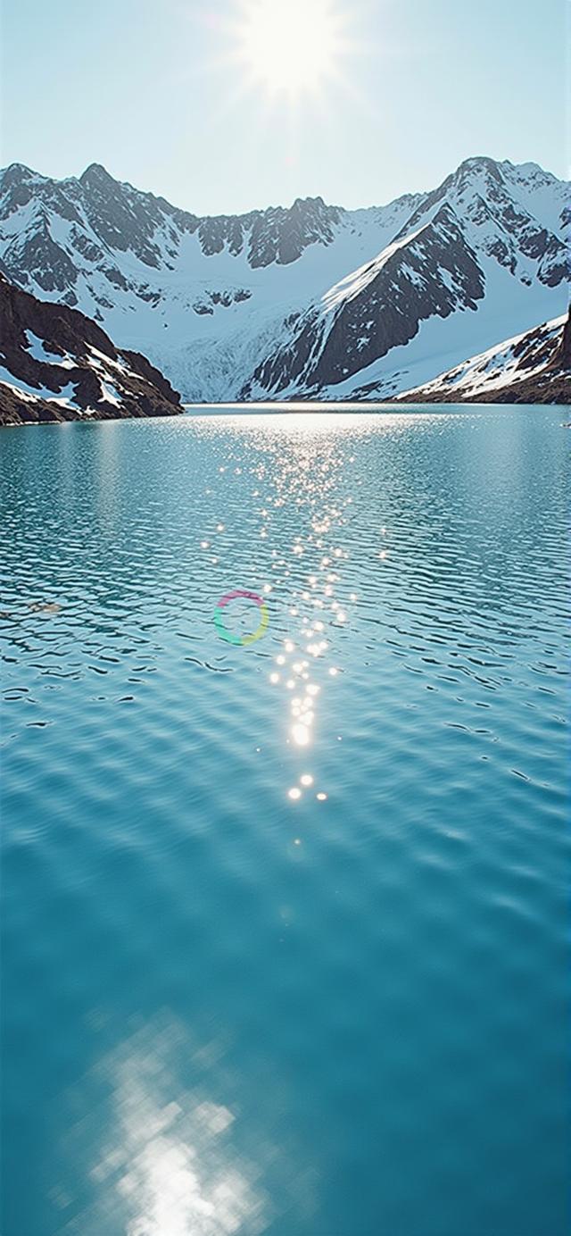 宁静高山湖美景：雪峰映碧水，阳光璀璨映辉煌