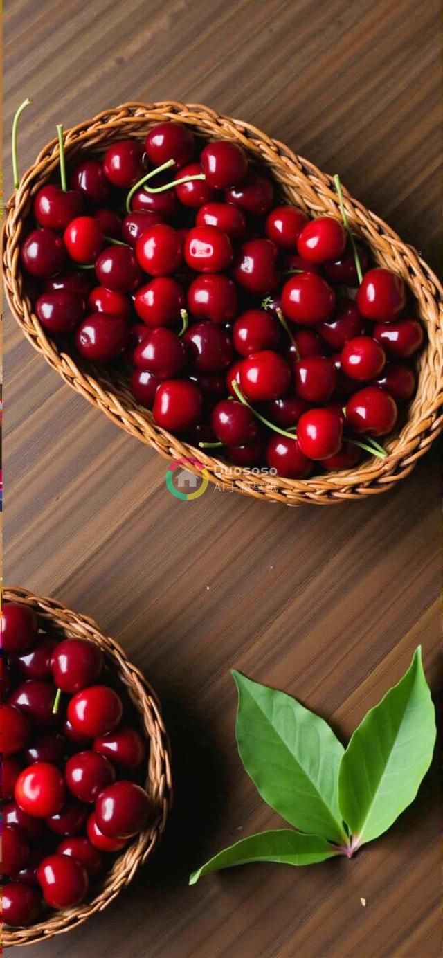 高角度拍摄的两篮满载鲜亮红樱桃，绿叶点缀下的诱人画面