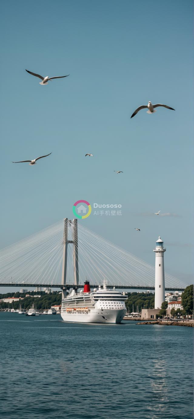 巨型白轮船悬索桥下驶来，海鸥翔集晴空，白灯塔指引美丽港口入口，画面明丽欢快
