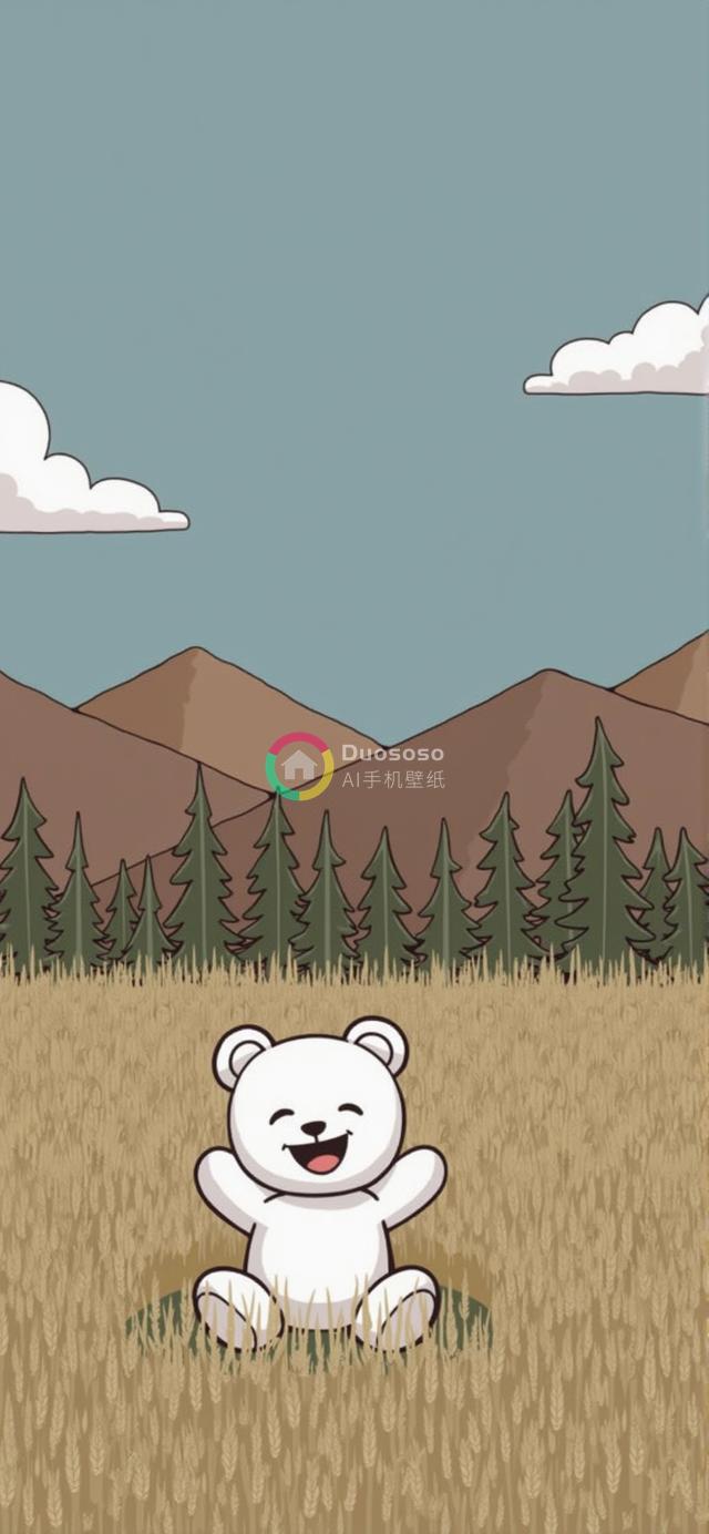 快乐北极熊宝宝草地插画：温馨自然色调的卡通艺术