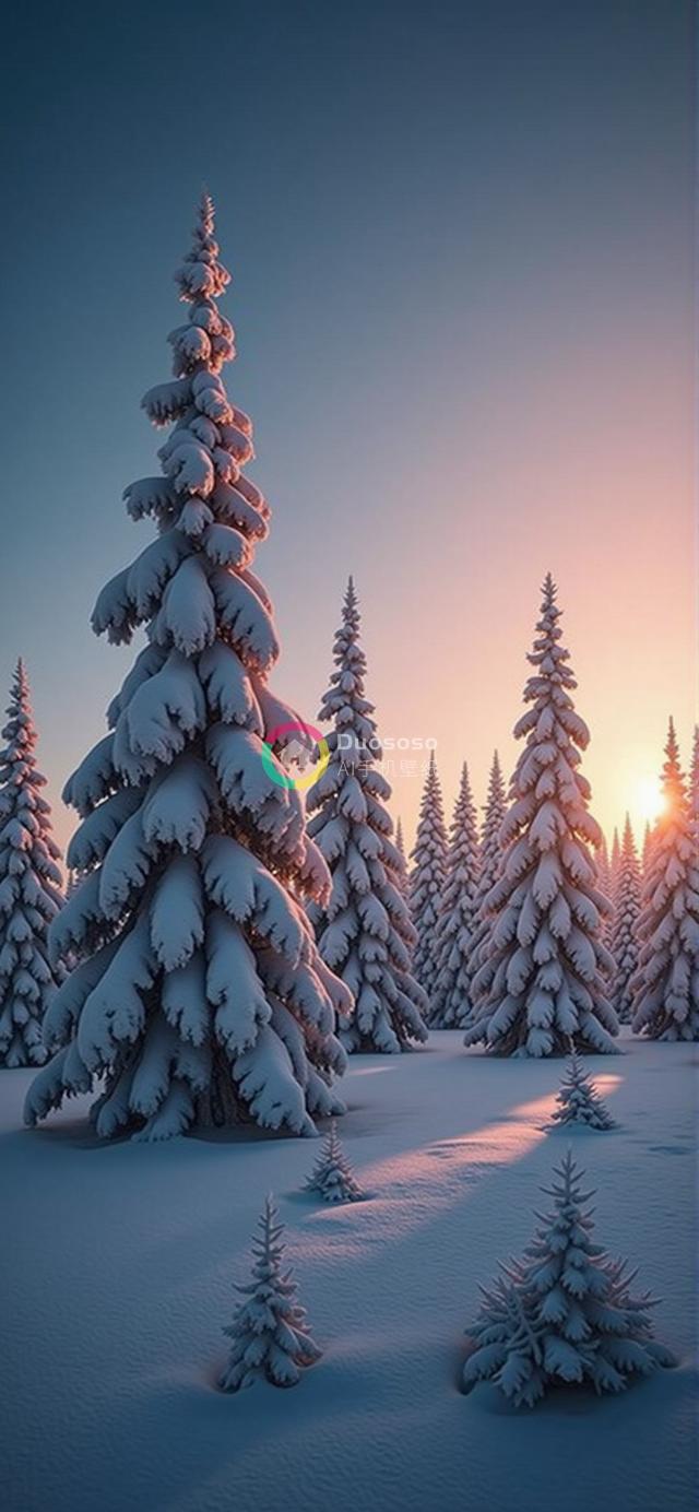 低角度拍摄雪覆盖松林冬日宁静画面：金晖温暖与蓝调清冷交织