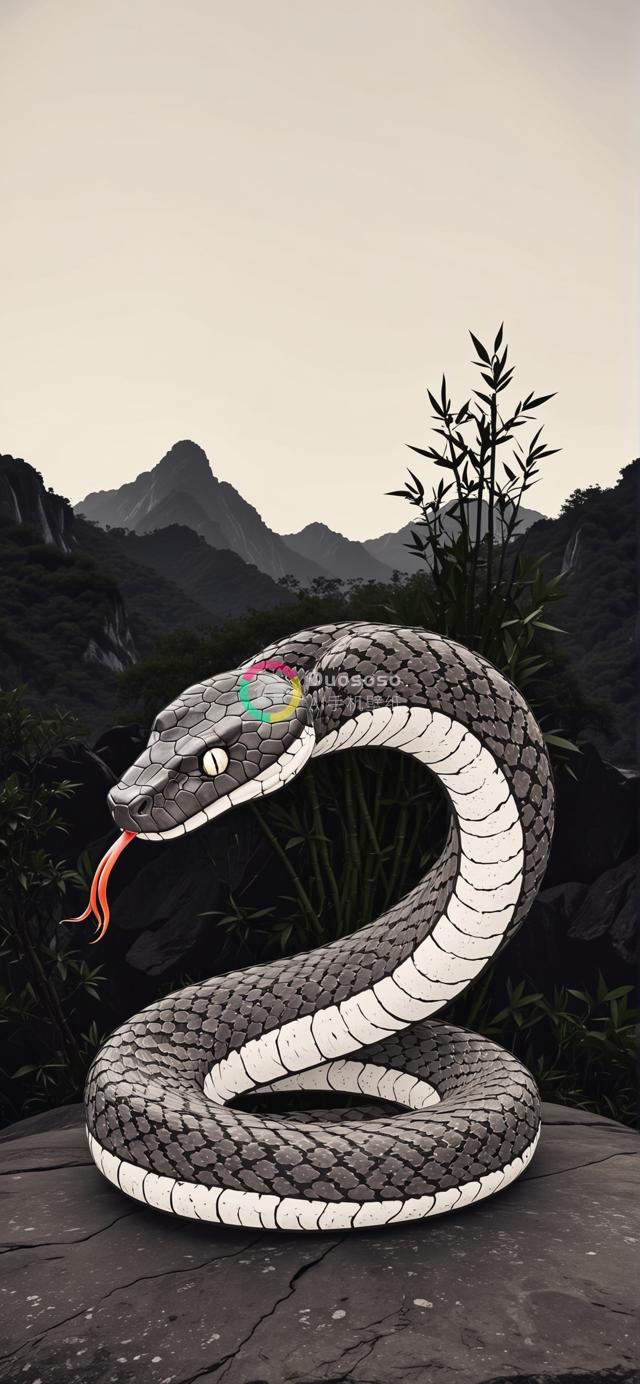 峻岭之中：一只威严黑白蛇的生动描绘