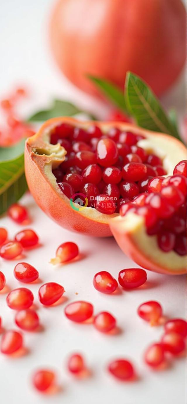 鲜嫩红石榴绽放白色背景前的生机摄影