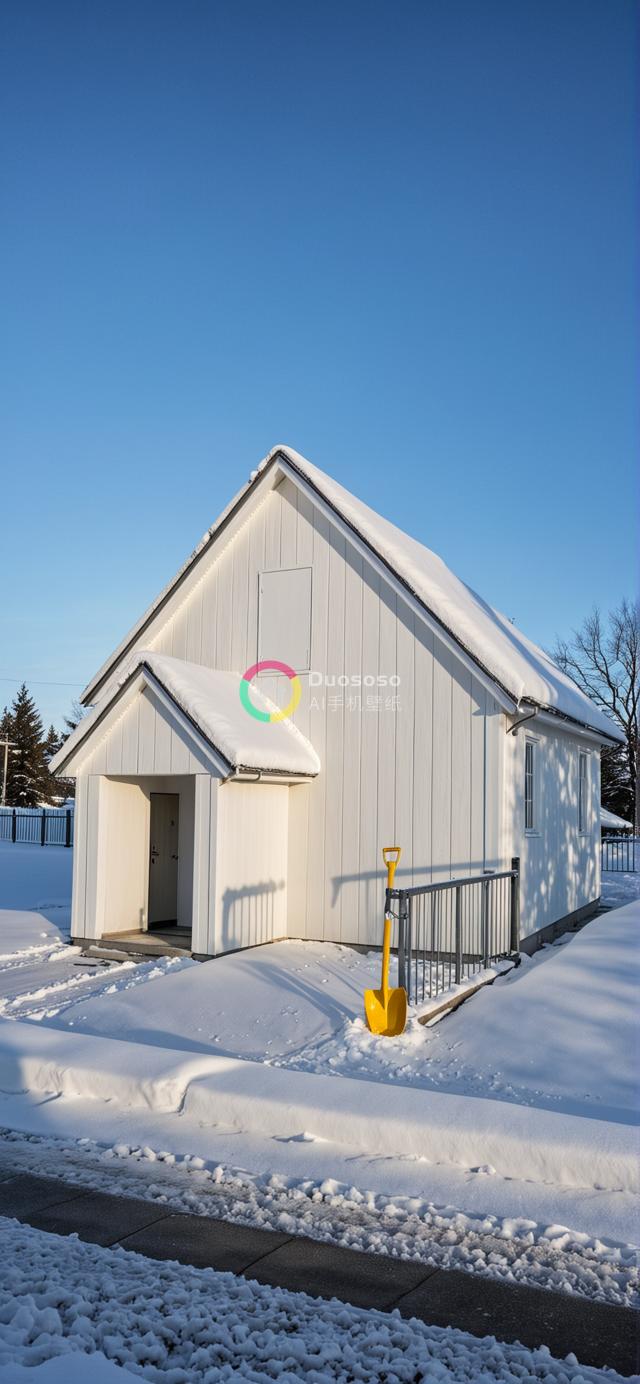 冬日晴天白雪覆盖的小木屋照片：简约设计与蓝天白雪形成鲜明对比