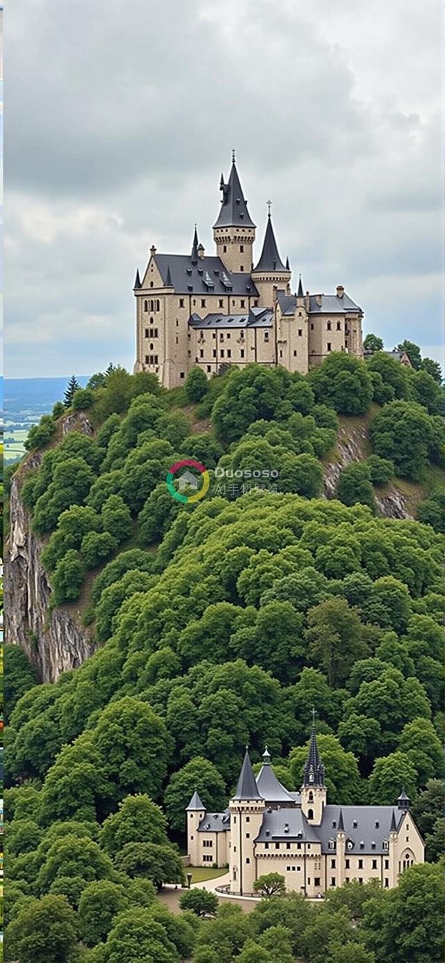 绿意盎然山顶上壮丽中世纪城堡的全景照片