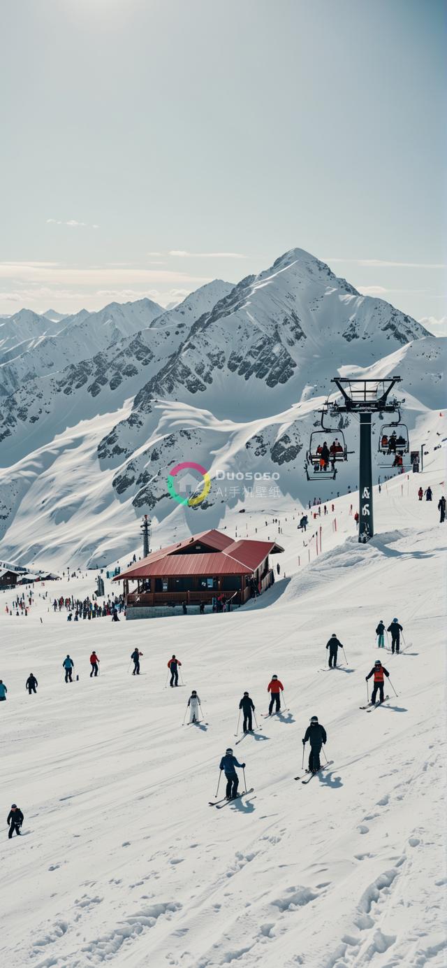 “冬日晴空下滑雪胜地的高角度风光照”