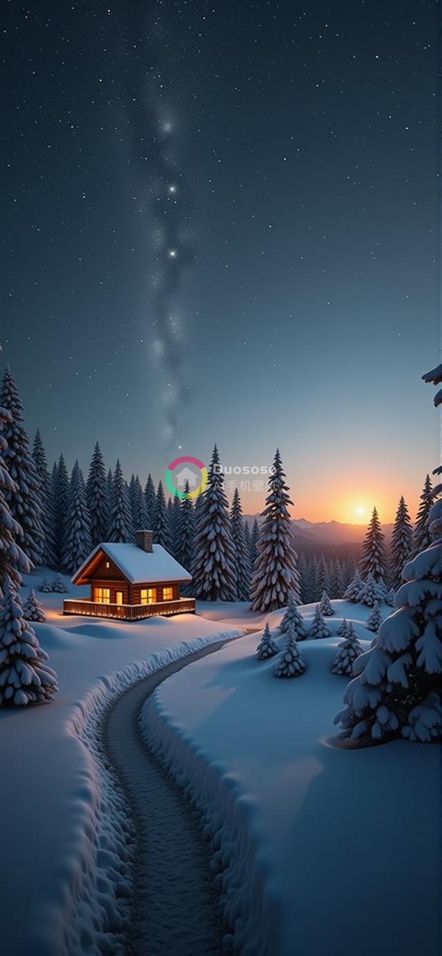雪林中温馨小木屋的日落美景，银河映衬下的宁静与神奇