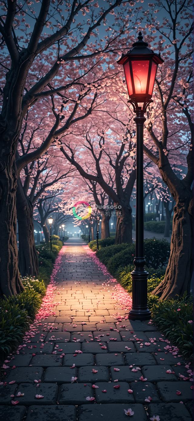 暮色浪漫花径：樱花盛景下的宁静魔法光影