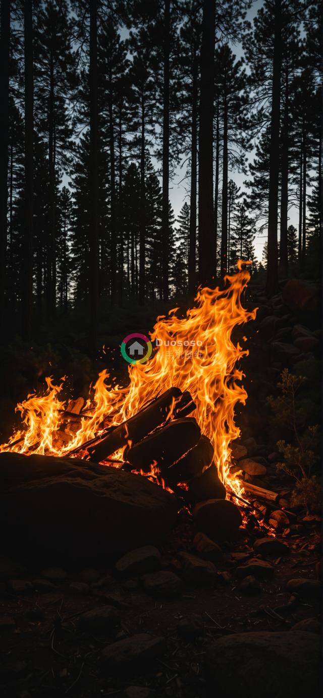 橙辉营火照亮夜幕下的岩石与密林：宁静自然之美